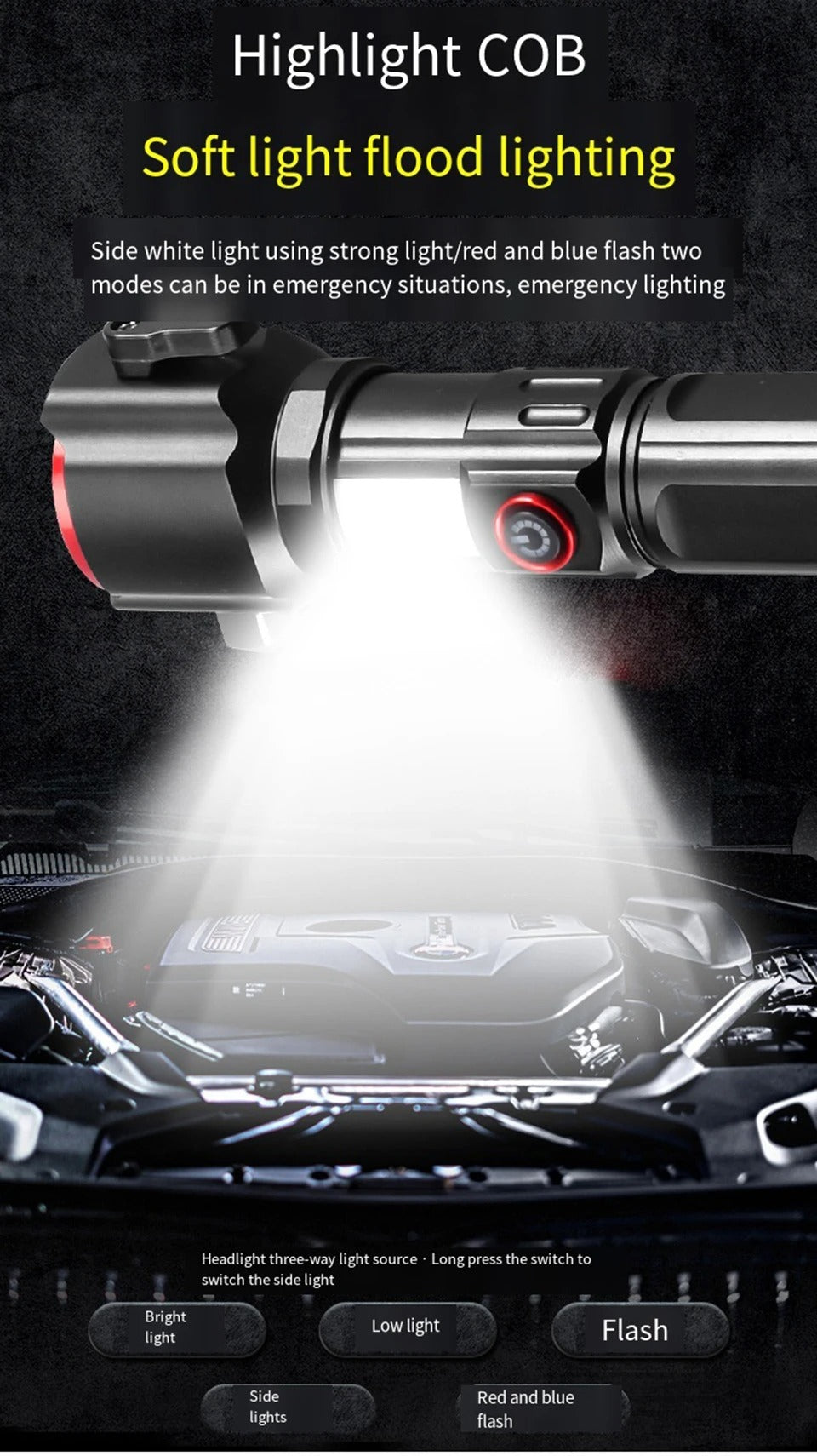 Multifunctional 1KM Range Flashlight with Hammer & Power Bank