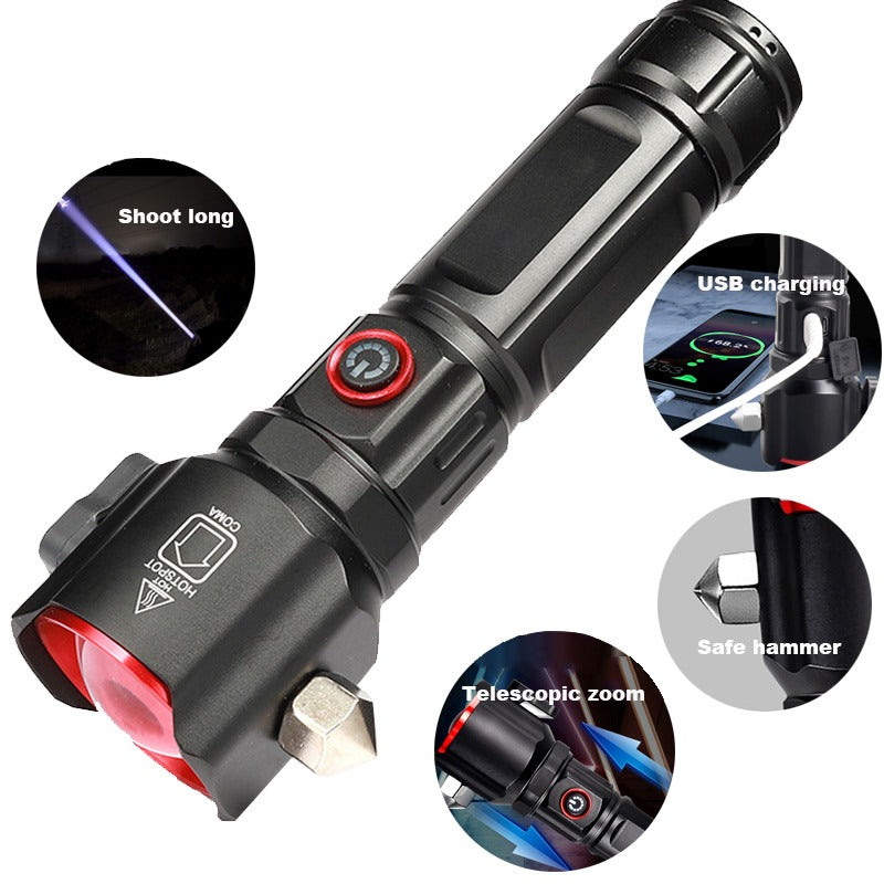 Multifunctional 1KM Range Flashlight with Hammer & Power Bank