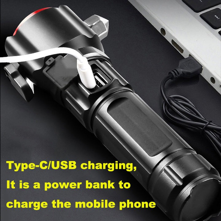 Multifunctional 1KM Range Flashlight with Hammer & Power Bank